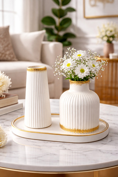 StoneVia Beyaz Gold Detaylı 3’lü Dekoratif Vazo Seti