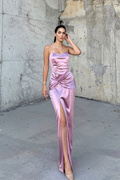 Mekafashion Pamira Ön Düğüm Detay Straplez Saten Abiye 582836 LİLA