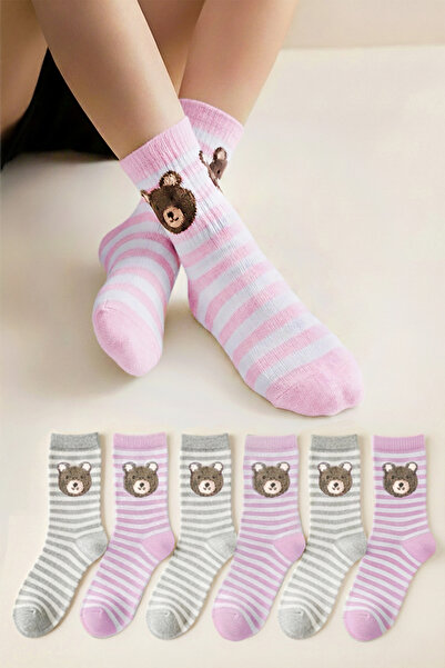 Bravie Șosete pentru femei, cu dungi, cu ursuleț, pentru colegiu, pachet de 6...