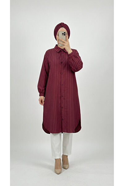 MİHRA STORE Ballı Bilek Büzgülü Yanları Yırtmaçlı Çizgili Uzun Tunik-EK141.2 ...