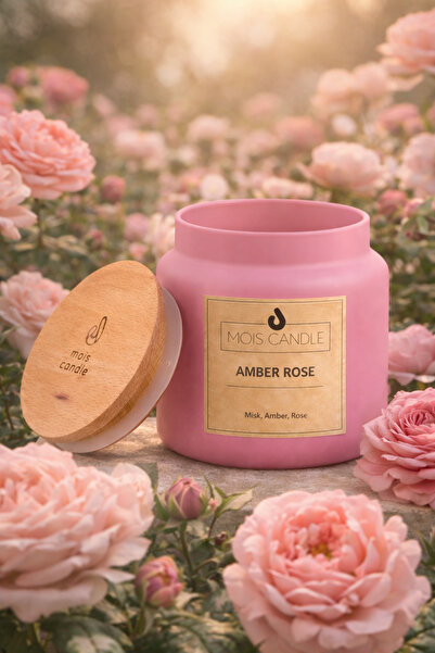 Mois Candle ROSE AMBER - Ahşap Kapaklı Pembe Kavanoz Amber Rose Mum – Misk, A...