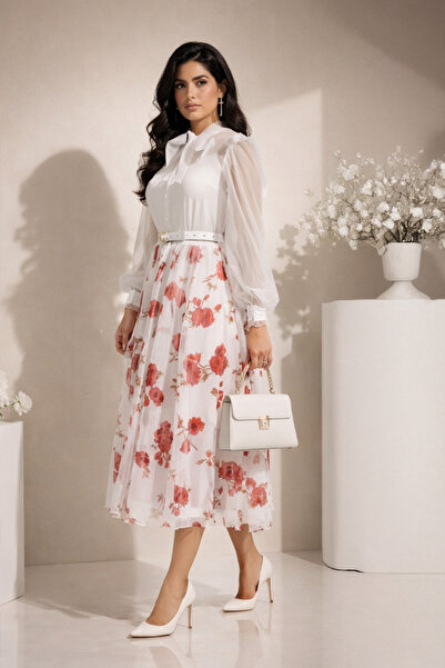 Stylish فستان من ستايلش أنيق ميدي باللون الأبيض بقصة كم ناعمه وربطة عنق مزين ...