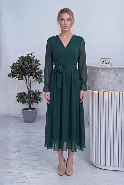 Elbise Delisi Women's Green Chiffon Lined Plus Size Dress