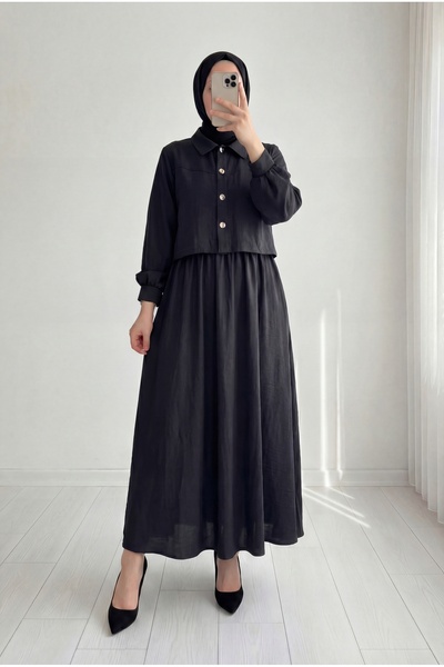 MİHRA STORE Canan Beli Büzgülü Ceketli Jile Elbise-EK647 Siyah