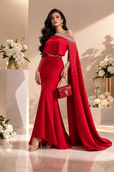 Stylish فستان من ستايلش سهرة باللون الأحمر مزين بالكريستال