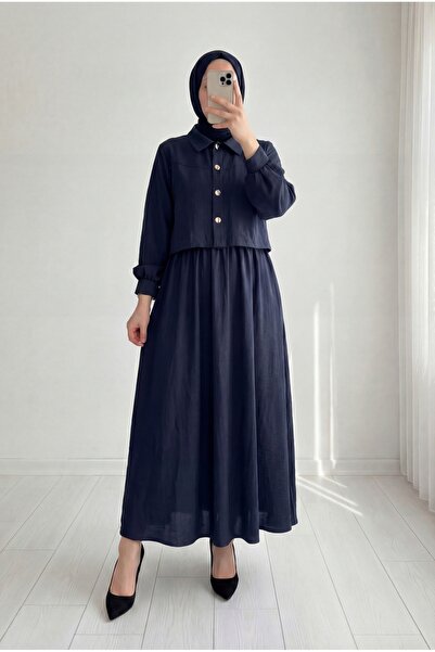 MİHRA STORE Canan Beli Büzgülü Ceketli Jile Elbise-EK647 Lacivert