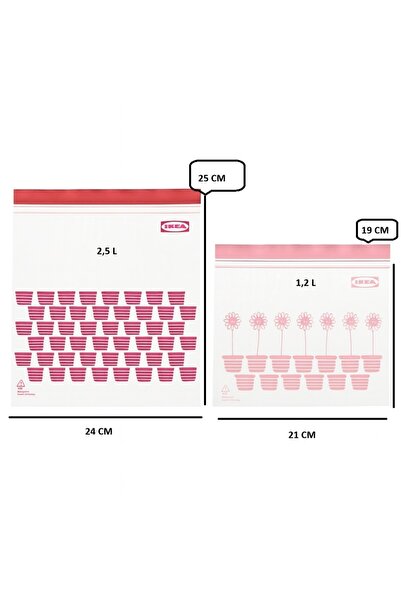 IKEA ISTAD Kilitlenebilir ve Yıkanabilir Buzdolabı Poşeti, Kırmızı-Pembe, 2,5 Lt Ve 1,2 Lt, 50 Adet