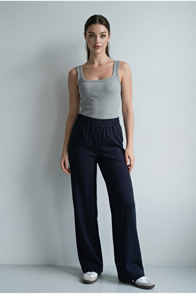 Seeh بنطلون نسائي طويل باللون الأزرق الداكن - ساق واسعة وخصر مطاطي، موديل أسا...