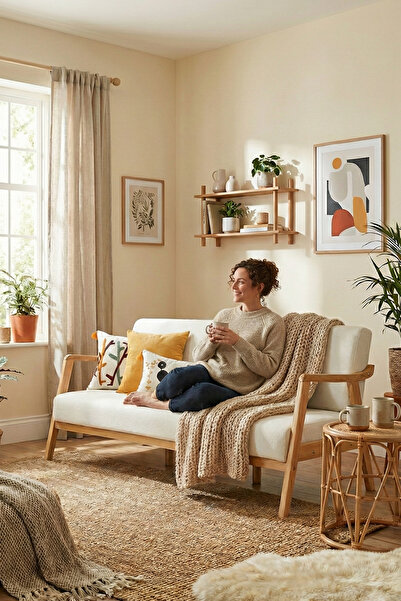 Zem Sevilla Bohem Üçlü Kanepe Natürel Ahşap, Kırık Beyaz