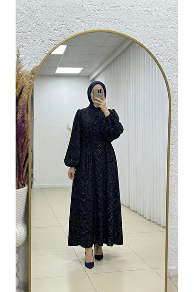 MİHRA STORE Capesia Balon Kol Taşlı Nobel Elbise-EK124.15 Lacivert