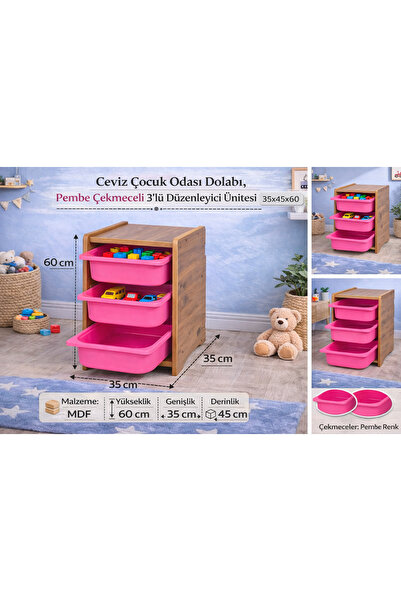 Industrial Living MDF 3’lü Çekmeceli Organizer Dolap Pembe 60x35x45 cm Sebze ...