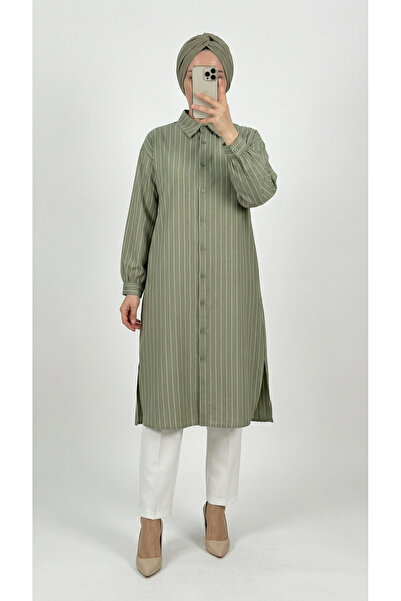 MİHRA STORE Ballı Bilek Büzgülü Yanları Yırtmaçlı Çizgili Uzun Tunik-EK141.2 ...