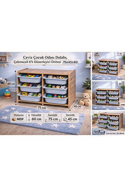 Industrial Living 18mm MDF Ceviz Çocuk Odası Dolabı, Gri Çekmeceli 6’lı Düzen...