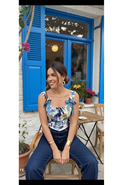 FEYZACA STİLLER Turkuaz bahar desenli kurdele askılı corse büstiyer