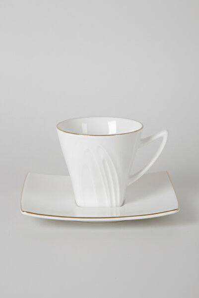 İpek Porselen 6 Kişilik Altın Yaldızlı Kare Form Tabaklı Porselen Kahve Finca...