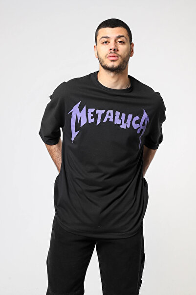 Sekizbiraltı Metallica Mor Sırt Baskılı Unisex Oversize Siyah Tshirt