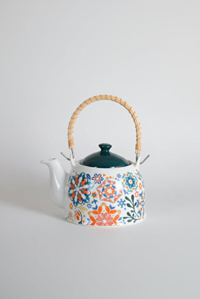İpek Porselen Floral Patterned Porcelain Teapot with Wicker Handle