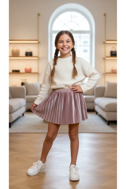 Polin Girl's Pink Velvet Pleated Skirt