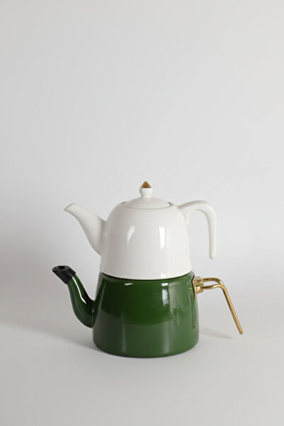 İpek Porselen Zarif Yeşil Porselen Üst – Emaye Alt Çaydanlık Takımı