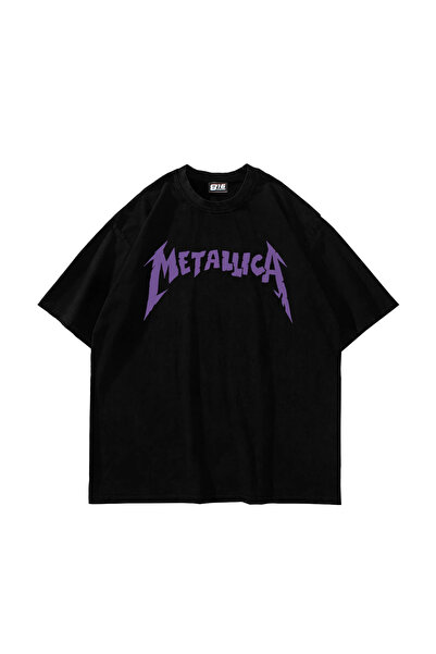Sekizbiraltı Metallica Mor Sırt Baskılı Unisex Oversize Siyah Tshirt