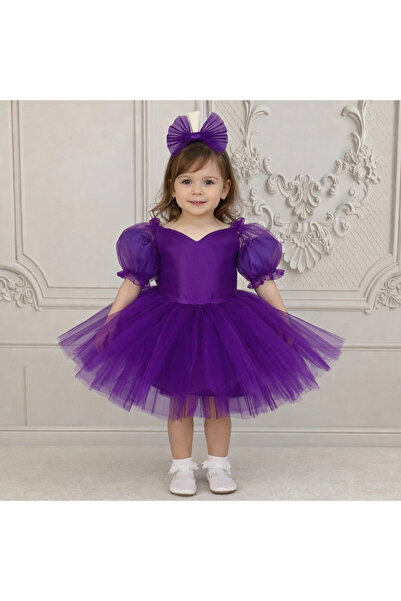 ELLUSSİ Kız Çocuk Mor Kalp Detaylı Kısa Balon Kol Kabarık Elbise