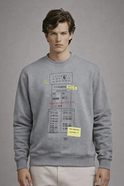 COMBİNE MİCHAİL Erkek Salaş Ön Baskılı Gri Sweatshirt