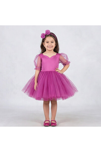 ELLUSSİ Kız Çocuk Fuşya Kalp Detaylı Kısa Balon Kol Kabarık Elbise