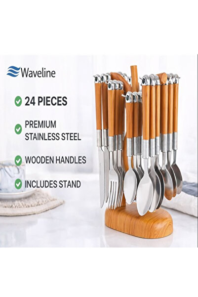 OEM Set de 25 piese, tacamuri cu manere din imitatie lemn, lame otel inoxidab...