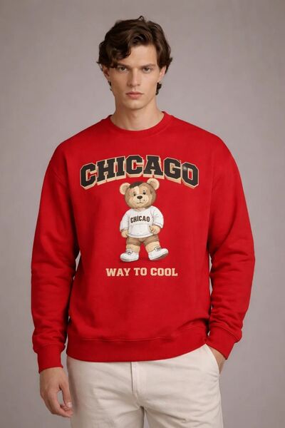 COMBİNE MİCHAİL Men's Chicago Bear Print Red Sweatshirt