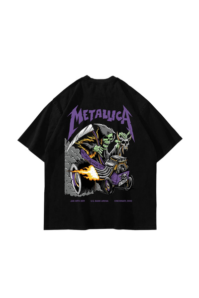 Sekizbiraltı Metallica Mor Sırt Baskılı Unisex Oversize Siyah Tshirt