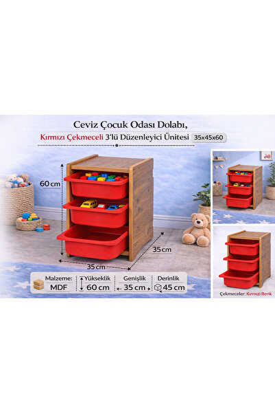Industrial Living 18mm MDF Ceviz Çocuk Odası Dolabı, Kırmızı Çekmeceli 3’lü D...