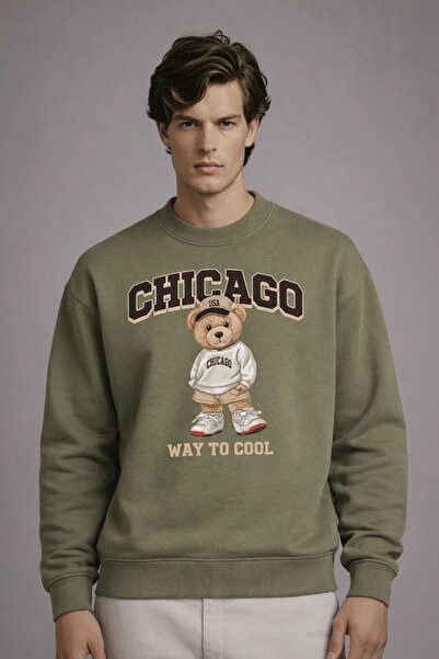 COMBİNE MİCHAİL Men's Chicago Teddy Bear Printed Khaki Sweatshirt