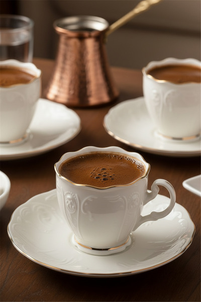 İpek Porselen 6 Kişilik Altın Yaldızlı Bone Amara Porselen Kahve Fincan Takım...