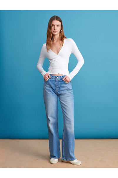 Dilvin 72048 100% Cotton Distressed Fabric Wideleg Denim Pants-Light Blue