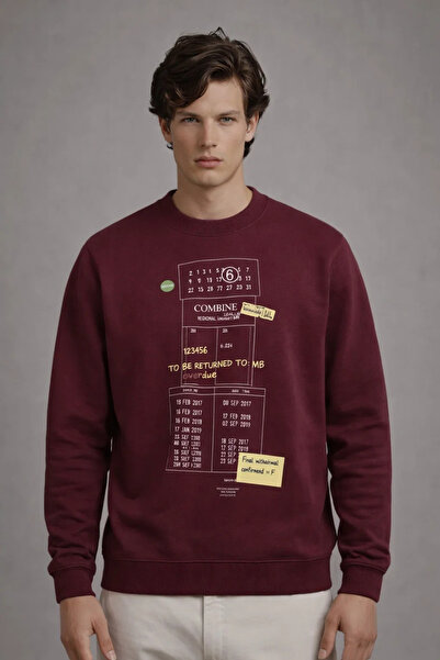 COMBİNE MİCHAİL Erkek Salaş Ön Baskılı Bordo Sweatshirt