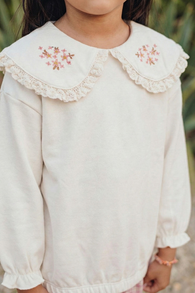 Cigit Vintage Velvet Top with Lace Collar, Ages 2-8, White