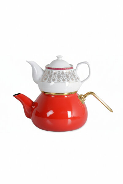 İpek Porselen إبريق شاي من البورسلين مع غطاء من المينا الأحمر - طقم شاي مزدوج