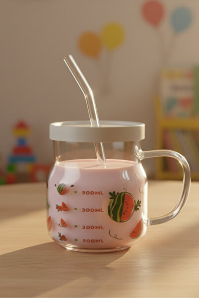 İpek Porselen كوب زجاجي من البوروسيليكات بنمط البطيخ مع شفاطة زجاجية سعة 610 مل