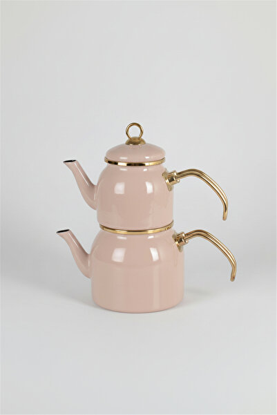 İpek Porselen Pastel Rose Pembe Renk Emaye Çaydanlık Takımı – İkili Gold Saplı