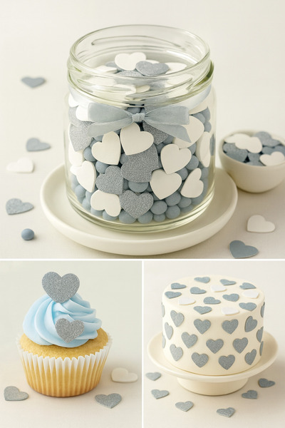 hediyehobihersey Mini Simli Gümüş Kalp Pasta Süslemesi, Yenilebilir Konfeti M...