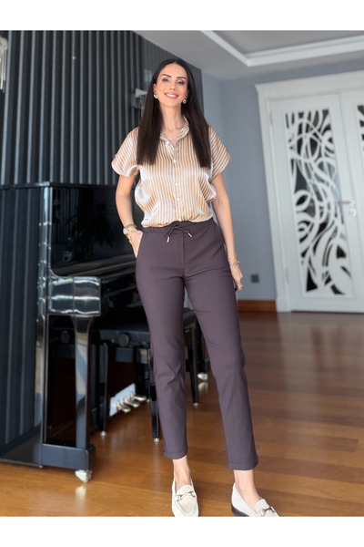 Atelier Derin Pantaloni din lycra maro cu talie elastică cu două picioare