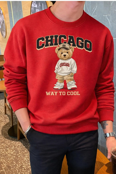 COMBİNE MİCHAİL Men's Chicago Printed Loose Red Sweatshirt