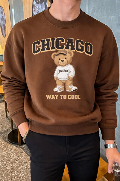 COMBİNE MİCHAİL Erkek Chıcago Baskılı Salaş Kahve Sweatshirt