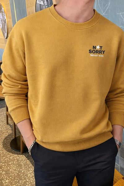 COMBİNE MİCHAİL Erkek Sorry Never Baskılı Hardal Sweatshirt