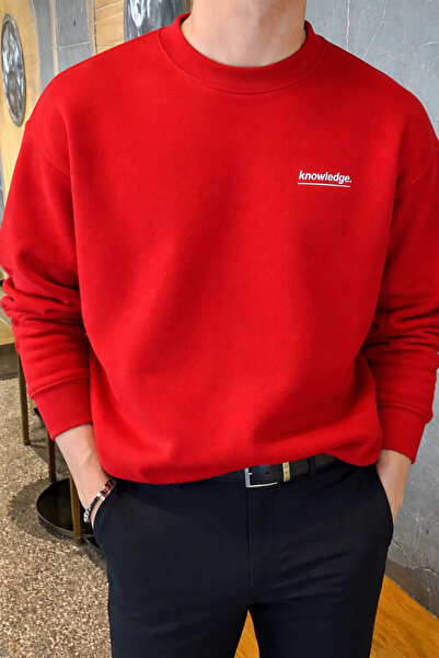 COMBİNE MİCHAİL Knowledge Printed Cotton Men's Red Sweatshirt