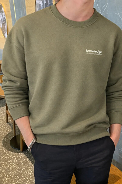 COMBİNE MİCHAİL Ανδρικό φούτερ από βαμβάκι με στάμπα Knowledge, χακί χρώματος