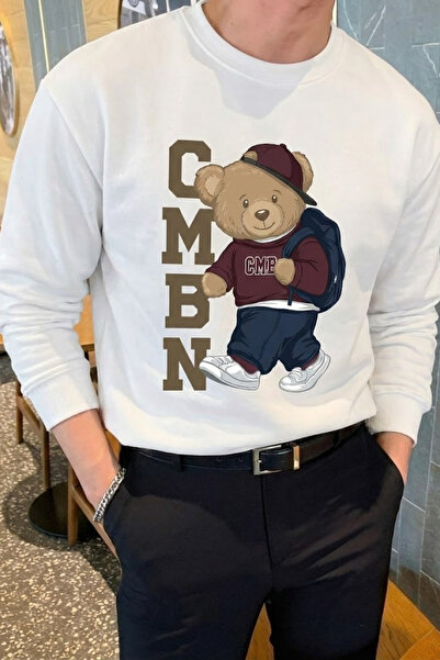 COMBİNE MİCHAİL Men's Comfort Bear Printed Ecru Sweatshirt