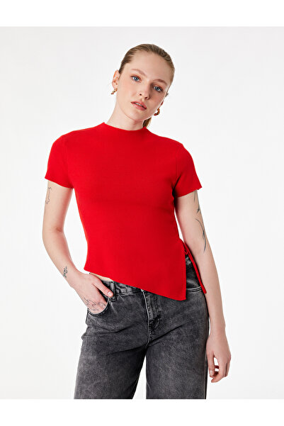 Koton Asymmetrical Cut, Gathered Short Sleeves, Button Detail on the Back, Hi...