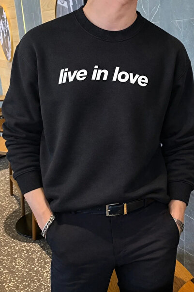 COMBİNE MİCHAİL Ανδρικό μαύρο βαμβακερό φούτερ με στάμπα Live In Love