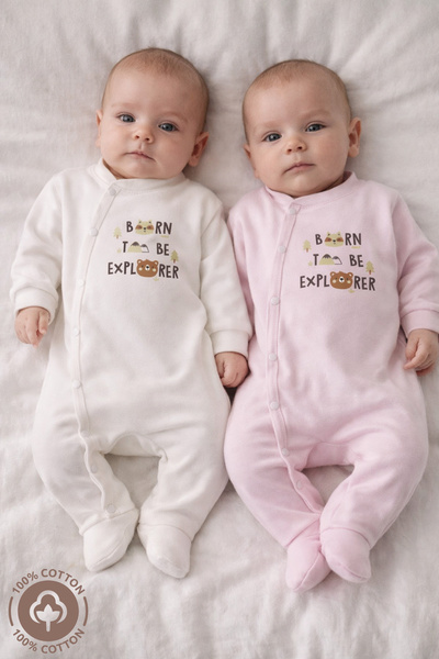 Miniel Unisex Born To Be Baskılı 0-6 Ay Penye Organik Pamuklu Patikli Bebek T...